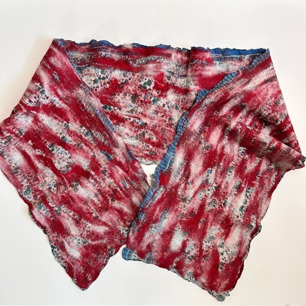 Handcrafted wet felted scarf cottagecore print w/ red & white wool felted 12x72”